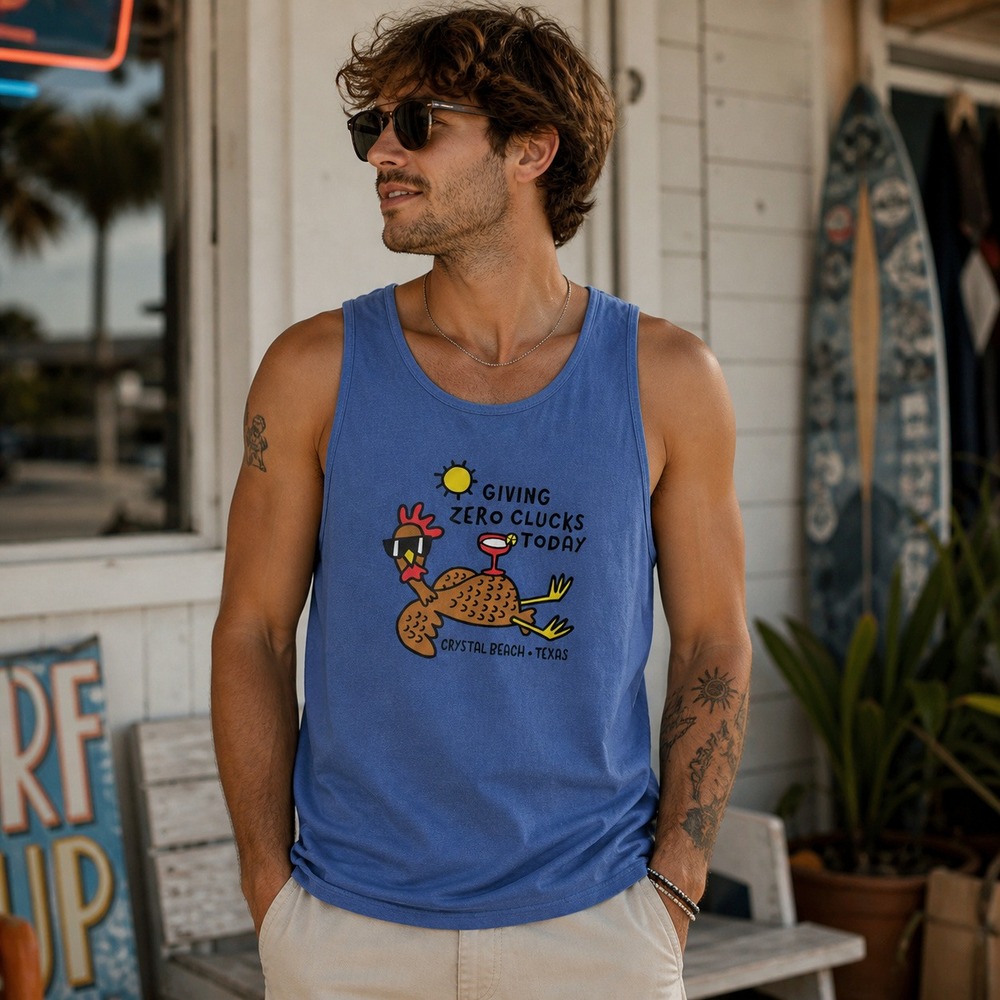 Blue 84 Mens Giving Zero Clucks Today Tank Top Crystal Beach Texas Purple Size M